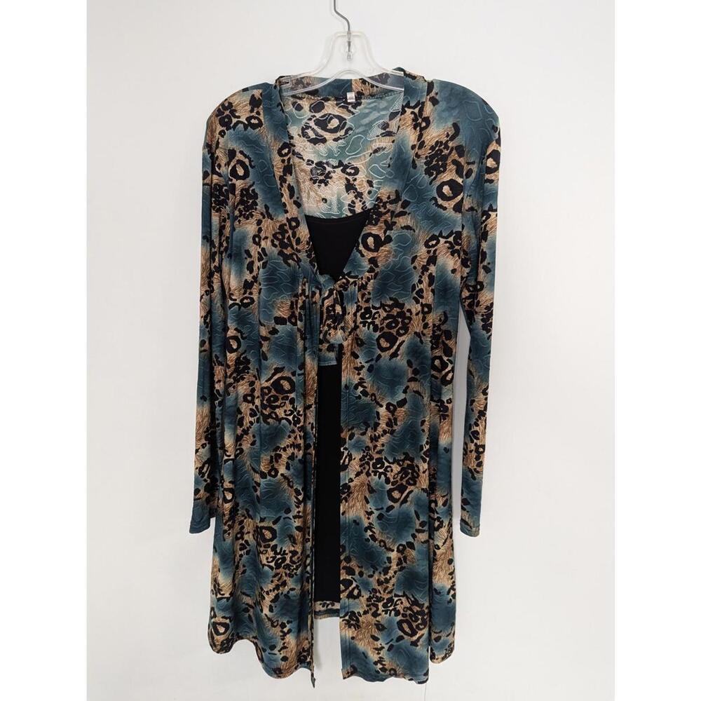 Plus Size 3XL Blue Tan Black Abstract Animal Print Open Front Cardigan